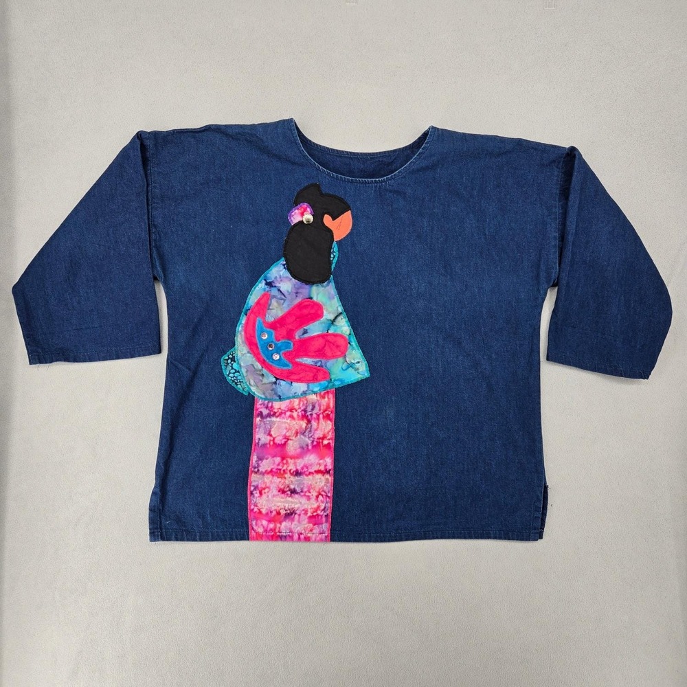 Alfredo's WIfe Vintage Small Womens Denim  Wearable Art Batik Applique Boxy Top